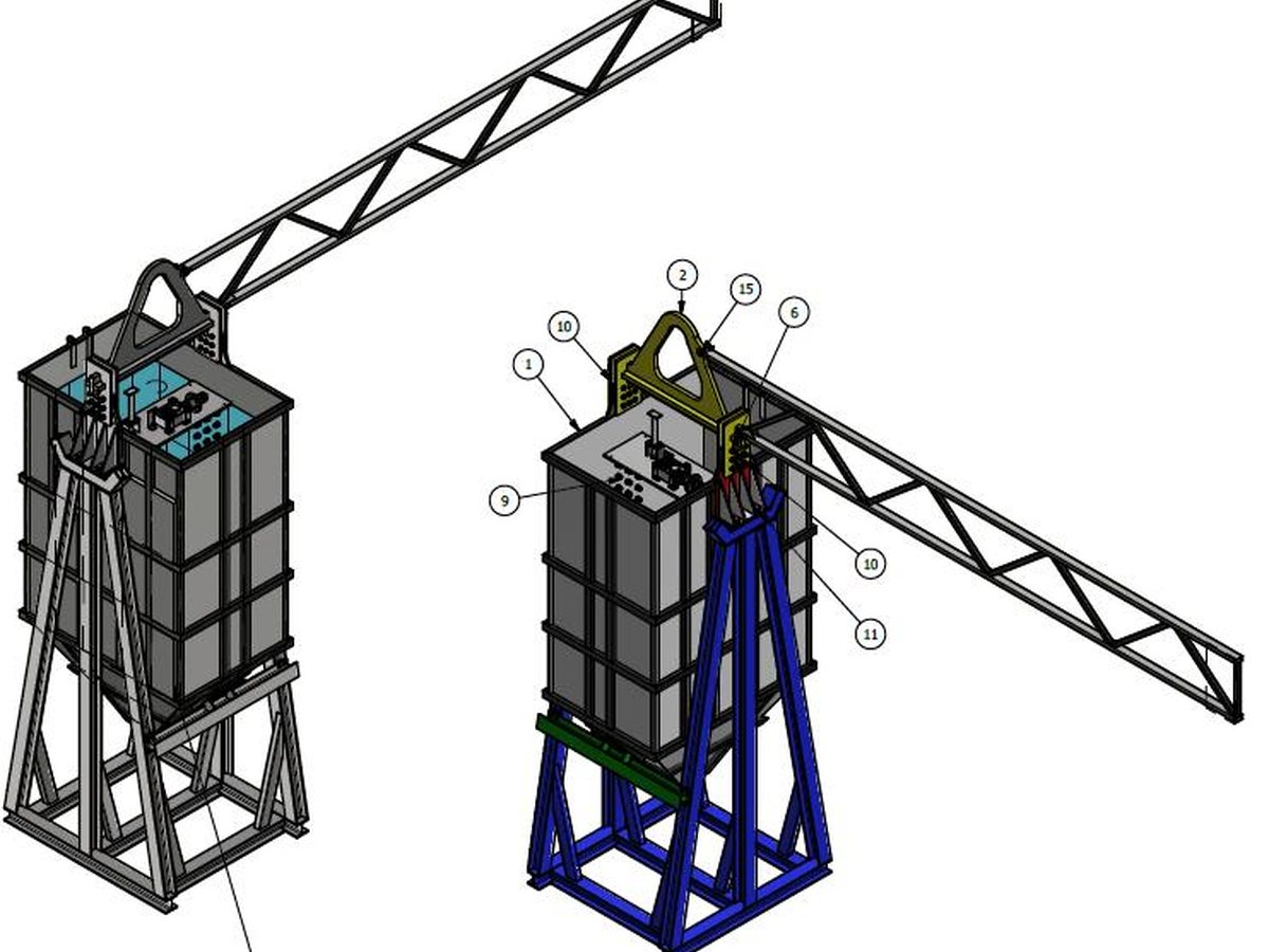 Modelo 3D del conjunto de proyección y su pórtico